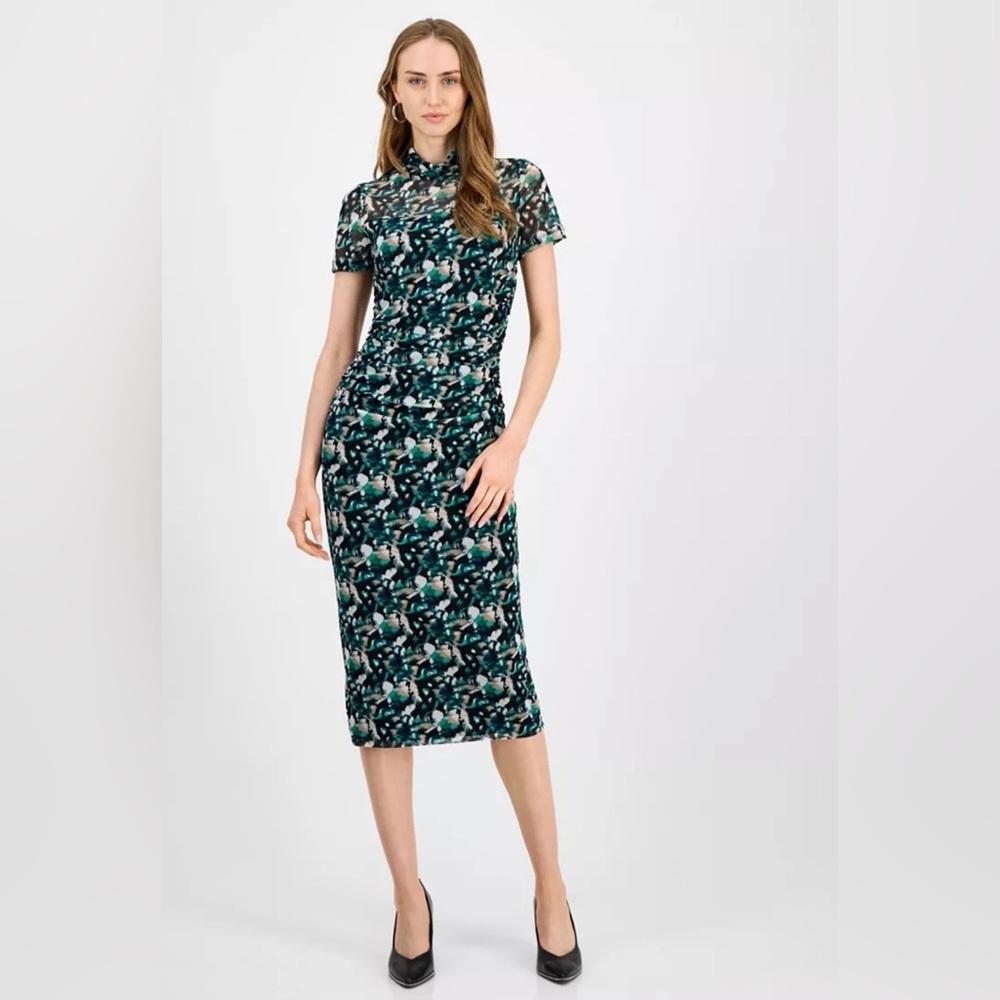 Bar 111 Women's Printed-Mesh Mock-Neck Midi Dress Small Ruched Bodycon Stretch